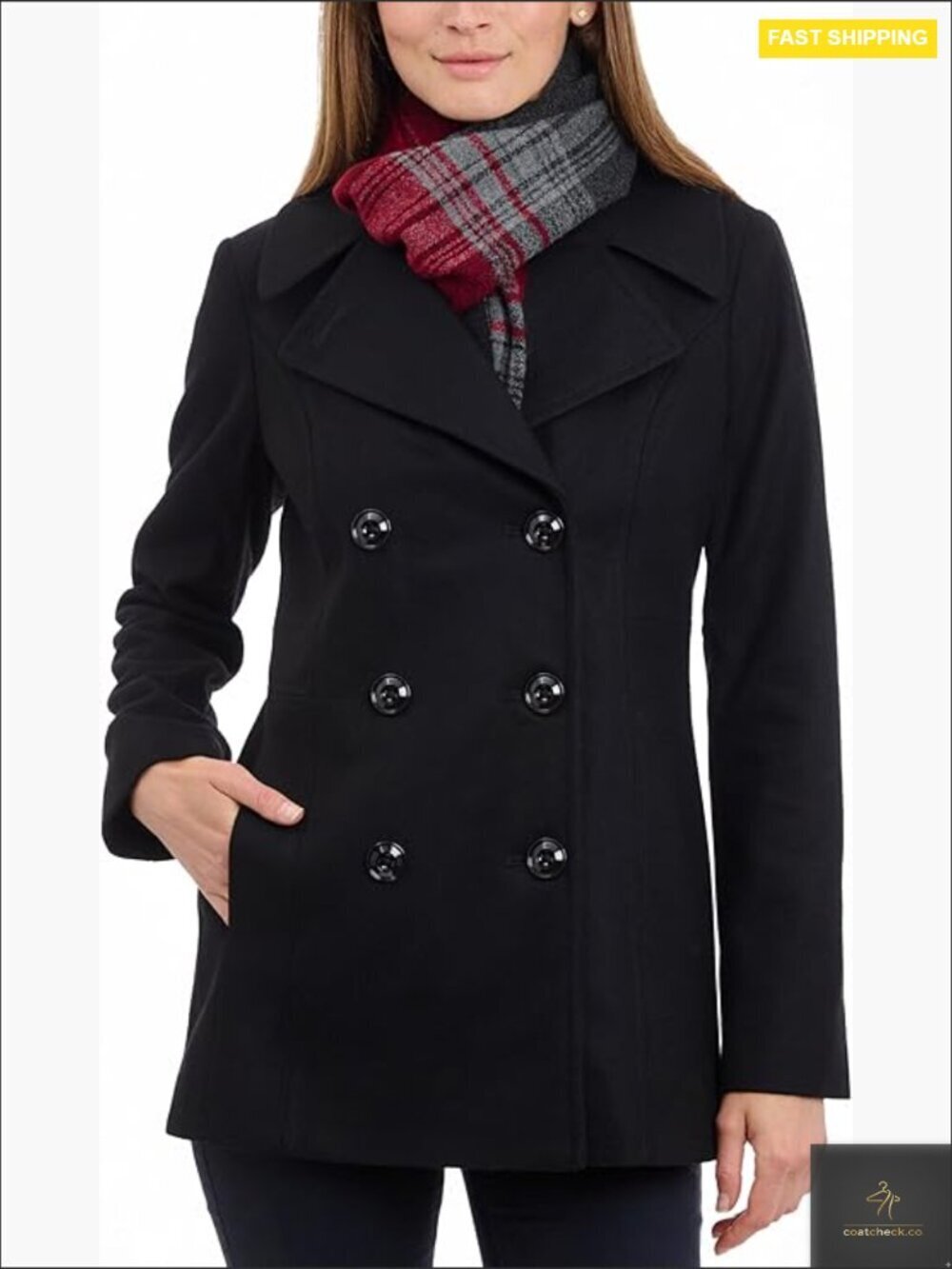 Plus Size Double Breasted Wool Blend Peacoat with Scarf Classic Elegant Formal